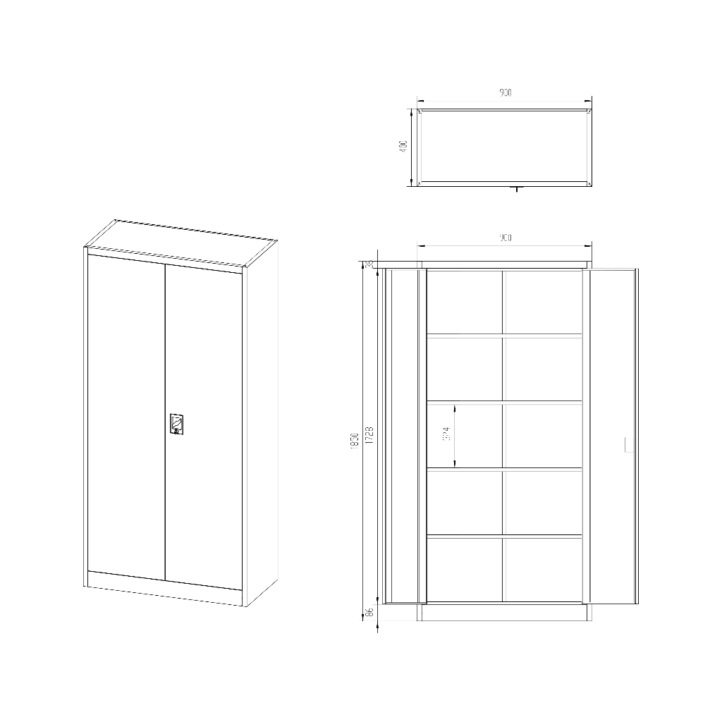 Armoires en métal verrouillable, 900 x 1850 x 400 mm