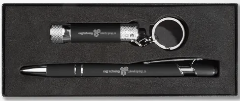 Stylo et lampe de poche avec gravure personnalisée dans un coffret avec fenêtre