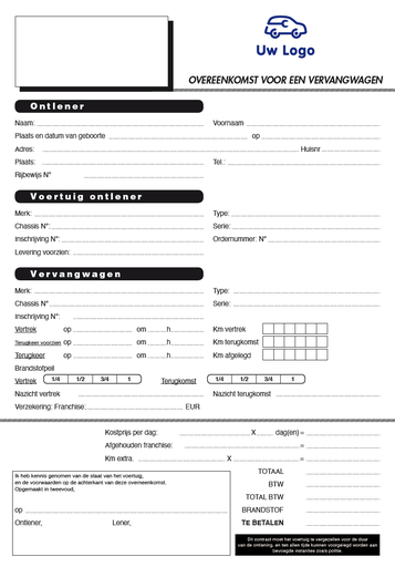 Contrat pour véhicules de remplacement avec marquage personnalisé x50 - Néerlandais