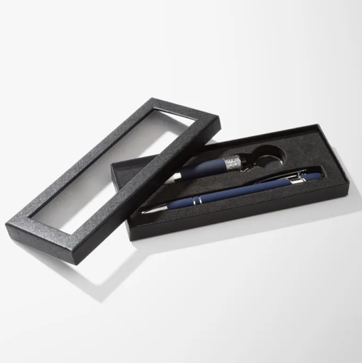 Stylo et lampe de poche avec gravure personnalisée dans un coffret avec fenêtre